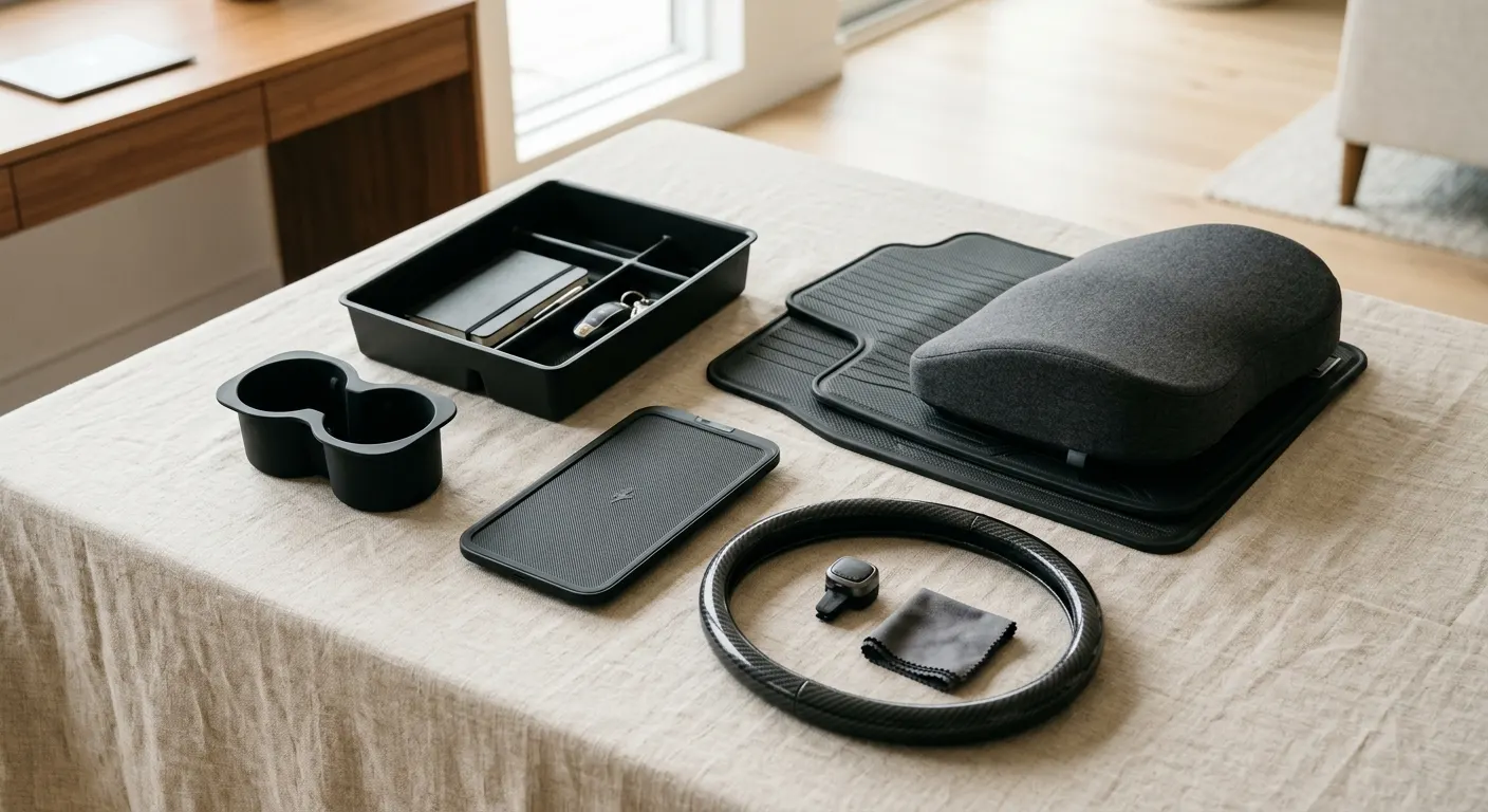 Affordable Tesla cabin accessories laid out on a clean surface
