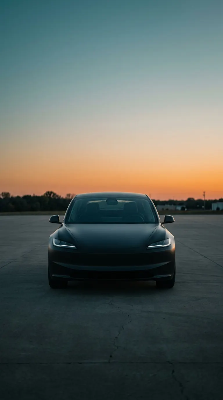 Matte-black Tesla Model 3 photographed head-on at sunset