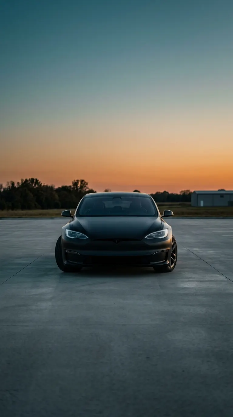 Matte-black Tesla Model S photographed head-on at sunset