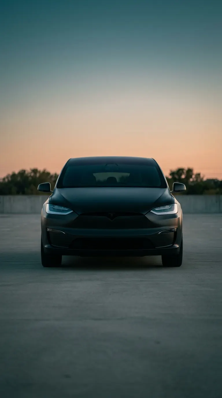 Matte black Tesla Model X, head-on front view at dusk