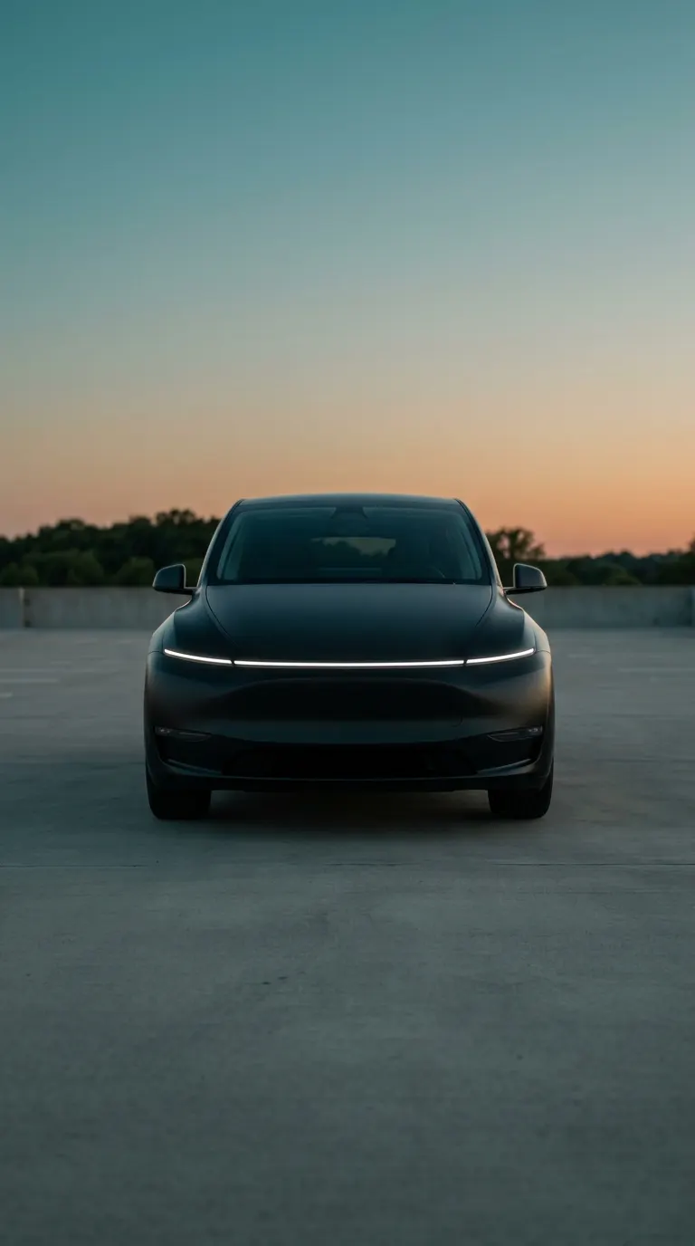Matte-black Tesla Model Y with Juniper light bar, head-on at sunset